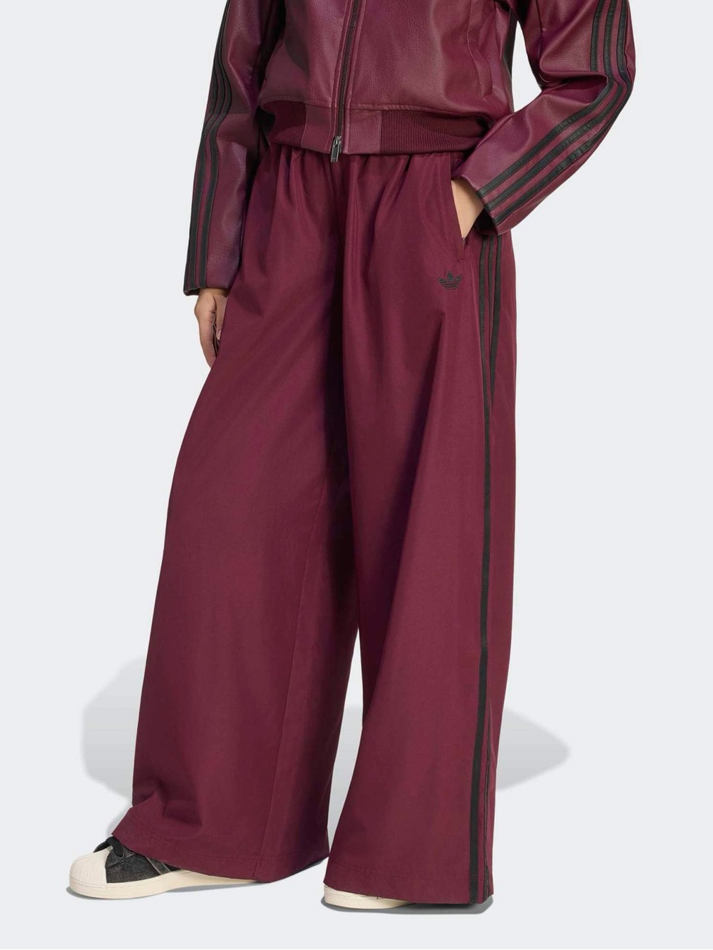 adidas Women's Wide-Leg Track Pants in Burgundy with Black Stripes